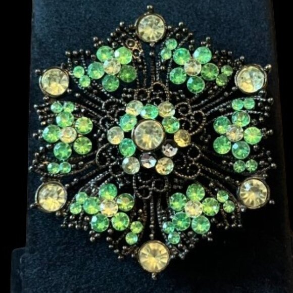 Vintage Silver Tone Green & Yellow Rhinestone Filigree Floral Pin Brooch - LNC - Picture 1 of 3